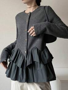 FRIFUL Áo thun nữ cổ tròn, viền kim loại, viền bèo nhún, ôm sát, thoải mái - Xám - Xem 2