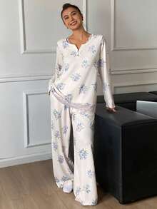 DAZY Conjunto de pijama de mujer con estampado floral y aplicación de encaje - Beis - Ver 5