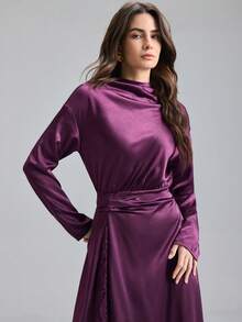 Ontre Vestido Longo de Manga Comprida Elegante com Recortes de Renda e Drapeado em Cor Sólida para Mulheres - Multicolorido - Visão 6