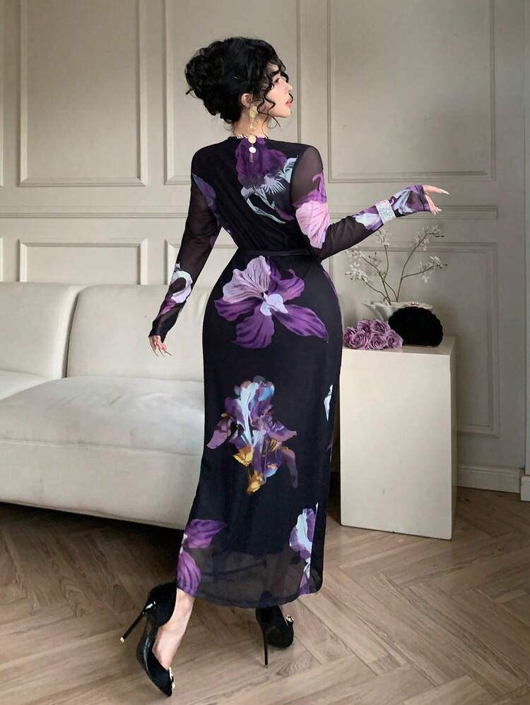 Women's Elegant Floral V-Neck Long Dress, Spring/Summer Wedding Guest Dress Sundress