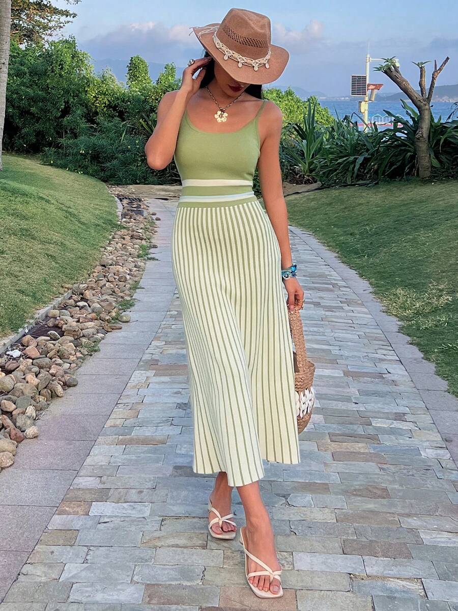 Livesso Women's Vacation Striped Casual Fashion Knit Slip Dress - Green - View 1