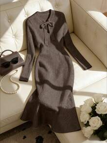 Franclia 优雅纯色针织连衣裙，秋季百搭 - 棕色 - 查看 5