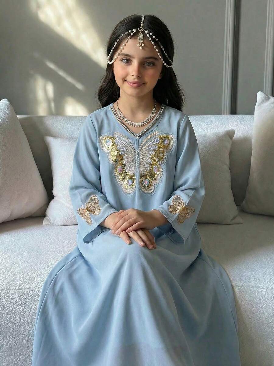 SHEIN 少女圆领蝴蝶装饰休闲连衣裙 - 藍色 - 查看 1