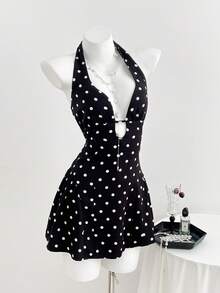 Elamini 法式浪漫情人节波点性感深V系带收腰喇叭迷你连衣裙