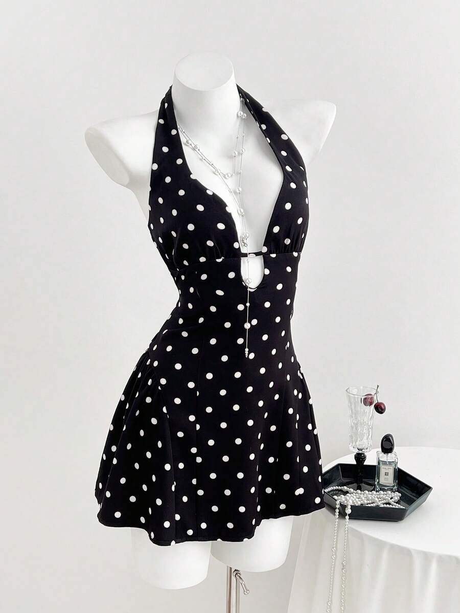 Elamini 法式浪漫情人节波点性感深V系带收腰喇叭迷你连衣裙