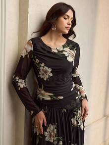 ZEYLAH Elastic Mesh Floral Print Long Sleeve Knit Dress - Black - View 7