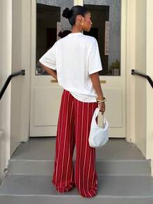 Muchica Women's Letter & Strawberry Print Round Neck Short Sleeve T-Shirt And Striped Pants Casual Suit - Red - View 2