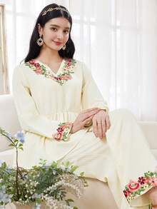 Teen GirlElegant Floral V-Neck Blouse And Pants Holiday Outfit Set - Apricot - View 7