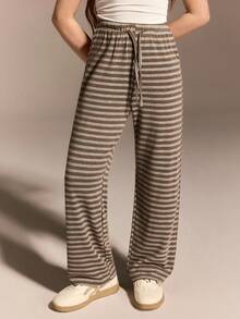 少女休闲百搭学院风棕色撞色条纹宽松舒适柔软针织抽绳腰裤 - 棕色 - 查看 4