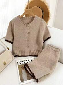 Franclia 两件套休闲宽松圆领长袖针织撞色滚边卡其色女式毛衣套装，春夏款 - 卡其色 - 查看 5