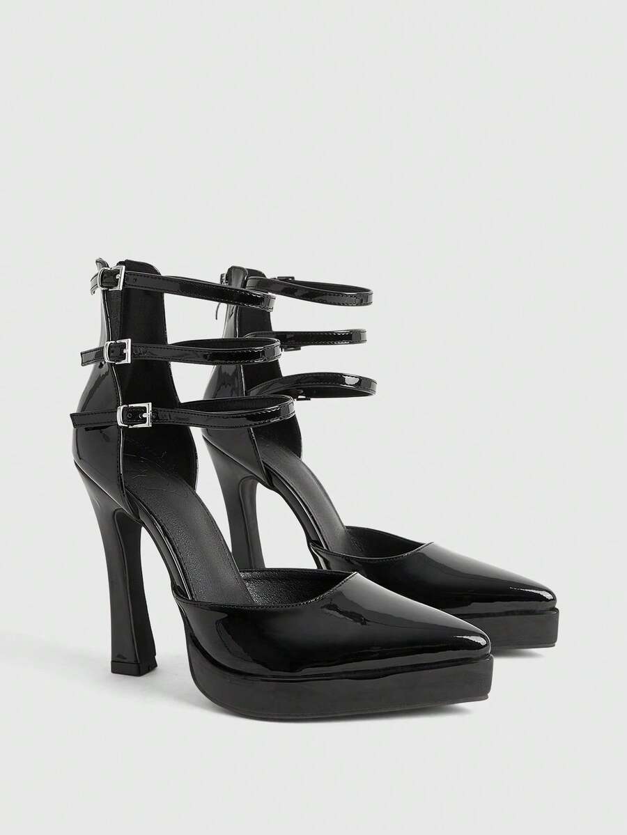 CUCCOO LuxiPop 女士尖头高跟防水厚底PU皮套脚鞋，时尚简约设计，舒适百搭，适合日常、派对和宴会穿着。 - 黑色 - 查看 1