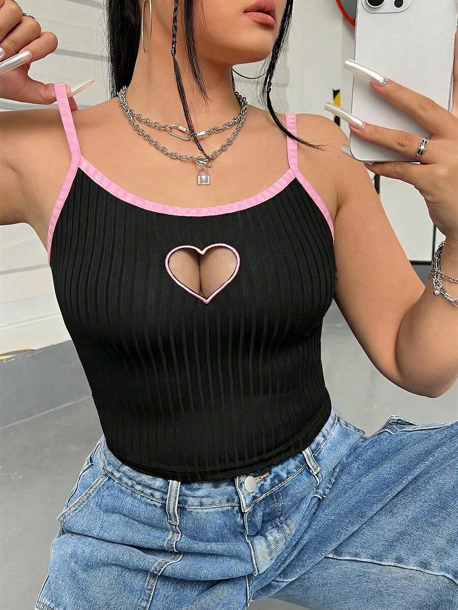 SHEIN EZwear 2024 Spring/Summer Valentine's Day Plus Size Hollow Out Mesh Embroidery Camisole & Tank Top - Pink - View 1