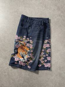 ROMWE MEN Anime Quần short denim nam dáng rộng, họa tiết hoa và hổ, có túi, kiểu dáng thường ngày. - Màu xanh lam - Xem 3