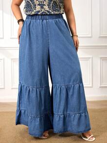 EMERY ROSE Plus Size Women Elastic Waist Ruffle Hem Wide Leg Loose Casual Jeans - Medium Wash - View 3
