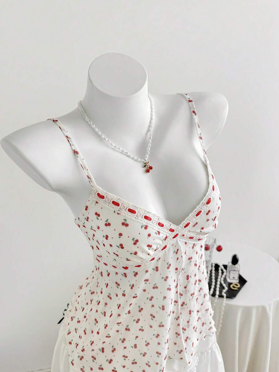 Comfortcana 女士Y2K风格樱桃印花蕾丝边吊带背心，休闲夏季款 - 彩色 - 查看 1