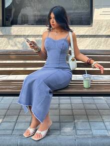 SHEIN PETITE Women's Slim Fit Backless Slit Hem Sexy Camisole Denim Dress - Blue - View 4