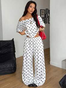 Coolane 女士夏季极简街头风基础日常穿搭外出运动舒适露肩T恤和阔腿运动裤两件套 - 白色 - 查看 3