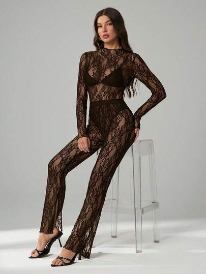 SHEIN Tall Women's Lace Long Sleeve Sheer Jumpsuit And Sheer Pants Set
