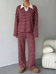 SHEIN Tall Women's 2pcs Set Loose Striped V-Neck Drop Shoulder Long Sleeve T-Shirt &Elastic Waist Striped Pants, Winter Sweater Suit ,Autumn/Winter Loungewear Women Two Piece Lounge Set Lounge Wear Striped Lounge Set Womens Lounge Set - Red - View 6