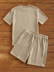 HIMLAND Men T-Shirt Co-Ords Multi-Piece Set  Daily Essential Wardrobe Staple Basic Style All-Match Style Go-To Piece Mix-And-Match Item Casual Versatile Style  Daily Essential Wardrobe Staple Basic Style All-Match Style Go-To Piece Mix-And-Match Item Casual Versatile Style Summer Wardrobe Essentials Casual Outfit Ideas Laid-Back Look Premium Textured Fabric - Khaki - View 2