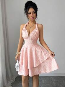 Elenzga New Women's Halter Twist Design Knitted Elastic Textured Fabric Asymmetrical Hem Double Layer Design Vacation & Date Casual Mini Dress, Spring/Summer - Pink - View 4