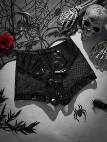 女士性感PU皮革和渔网拼接三角裤 - 黑色 - 查看 7