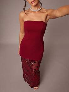 Silquee Vestido elegante con bustier de malla con parches florales y lentejuelas para mujer - Burdeos - Ver 3