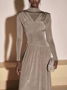 Zivah Winter Spring New, Music Festival, Easter, Western, Nomadic, Birthday Party, Holiday Dress, Party Dress, Elegant Dress For Women, Airport Outfits, Party, Holiday Outing, Elegant Banquet, Ball Gown, Street Fashion, Pleated Decor Fitted Waistline A-Line Midi Dress, Stretchy Knit, Shiny Knit Fabric Elegant Party Dress For Women - Brown - View 3