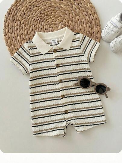 Newborn Baby Boy Cute Striped Short Sleeve Romper, Suitable For Birthday Party, Evening Party, Performance, Wedding, One Month Celebration, Baptism And 1st Birthday Baby Shower