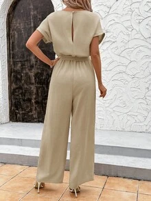 SHEIN Clasi Elegante tuta estiva da donna in lino blu con maniche a sbuffo, vita annodata e tessuto plissettato, adatta per varie occasioni, viaggi quotidiani, uscite, ecc. - Cachi - Visualizzare 2