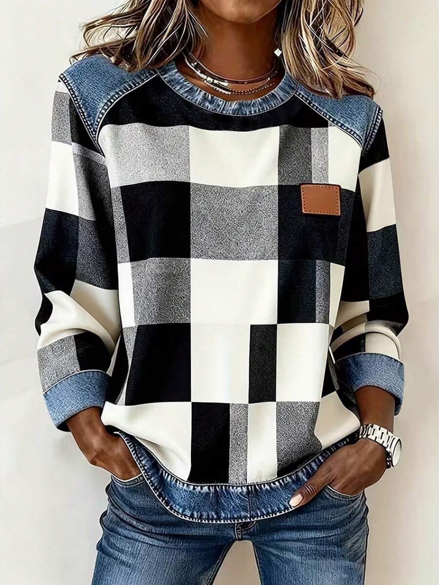 EMERY ROSE 女士圆领长袖贴布休闲T恤 - 彩色 - 查看 1