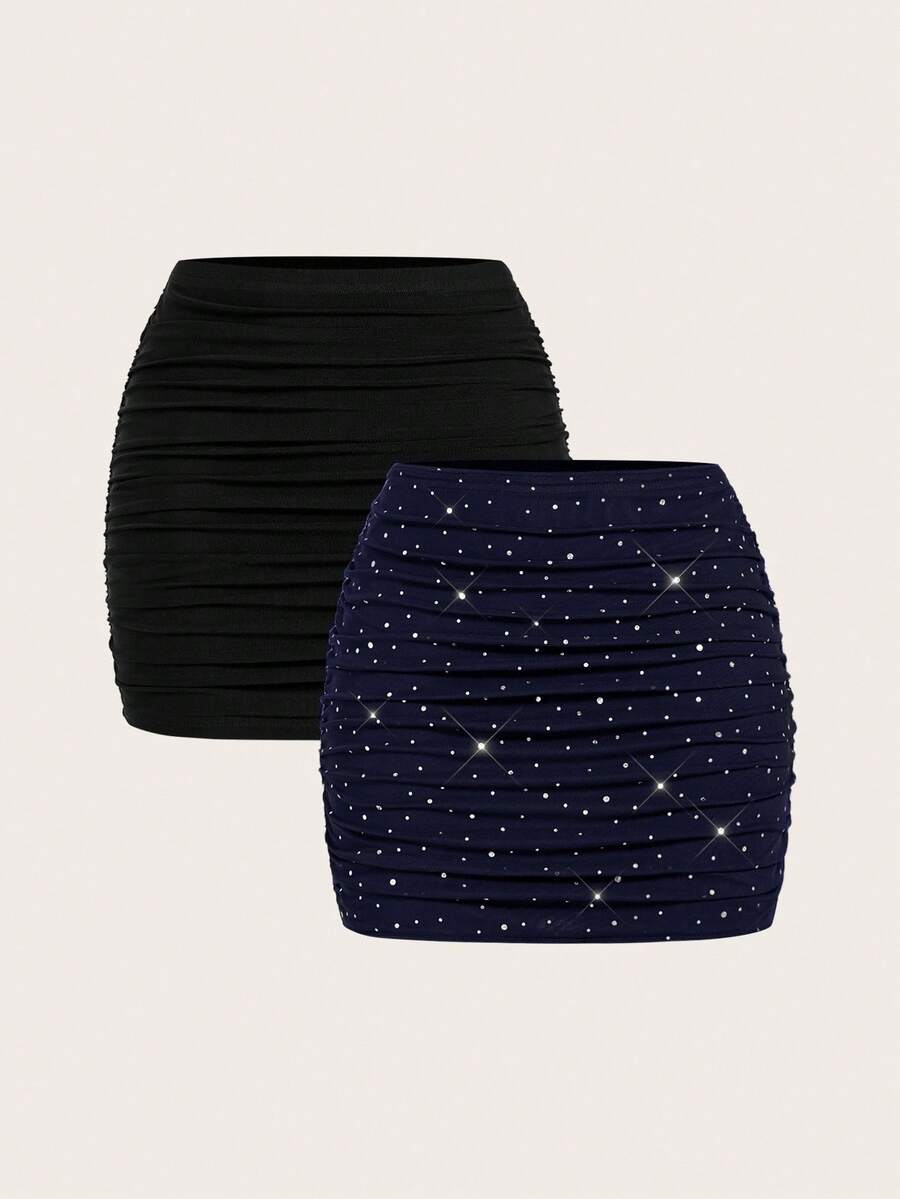 SHEIN EZwear 两件套黑色针织性感网纱亮片装饰女士迷你裙套装，适合派对穿着 - 寶藍色 - 查看 1