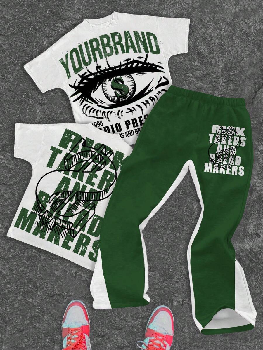 Tween Boy Classic Cool Graphic Eye Print, Stylish Slogan Print, Dollar Sign Print T-Shirt And Flare Pants 2 Pieces Set, Suitable For Summer, Autumn/Winter - Multicolor - View 1
