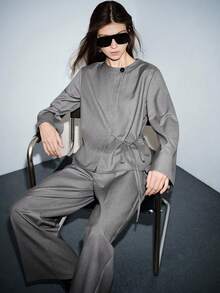 Lumivelle Women's Fashion Professional Round Neck Side Tie Batwing Sleeve Long Jacket + Straight Leg Pants 2 Pieces Set - Grey - View 6