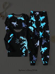 Cozy Pixies Bộ đồ ngủ 4 món cho bé trai, kiểu dáng ôm sát, họa tiết khủng long hoạt hình, áo thun dài tay cổ tròn mềm mại và quần dài cạp chun, 2 bộ. - màu đen - Xem 8