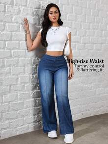 Flexra 女士弹力腰阔腿宽松休闲百搭牛仔裤 - 藍色 - 查看 7