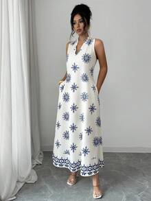 Rafferiza New V-Neck Sleeveless Printed Casual Vacation Dress - Apricot - View 7