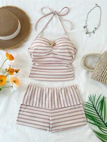 Elamini 两件套条纹印花吊带背心和短裤，休闲款 - 彩色 - 查看 2