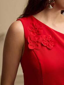 ZEYLAH Elegant Date Night 3D Floral Decor Midi One Shoulder Dress - Red - View 2