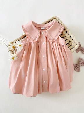 SHEIN فستان أنيق للبنات الصغيرات بياقة منقلبة وأكمام قصيرة، مناسب للخروجات الصيفية وجلسات التصوير والارتداء اليومي والمدرسة