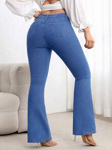 SHEIN CURVE+ Plus Size Women Blue Denim Elastic Sexy Fitted Flare Pants, Cowgirl/Rodeo - Medium Wash - View 2