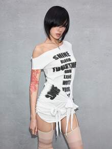 ROMWE Y2K 前卫吸睛的系带半透明性感不对称肩部女士迷你连衣裙 - 白色 - 查看 8