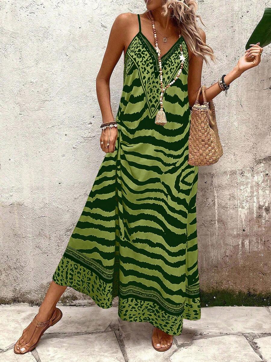 EMERY ROSE Women's Leopard Print Loose Maxi Slip Dress, Elegant For Daily Wear And Vacation, Summer - Olive Green - View 1