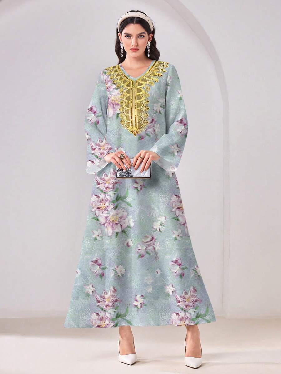 Al Najma 优雅印花喇叭袖连衣裙 - 彩色 - 查看 1