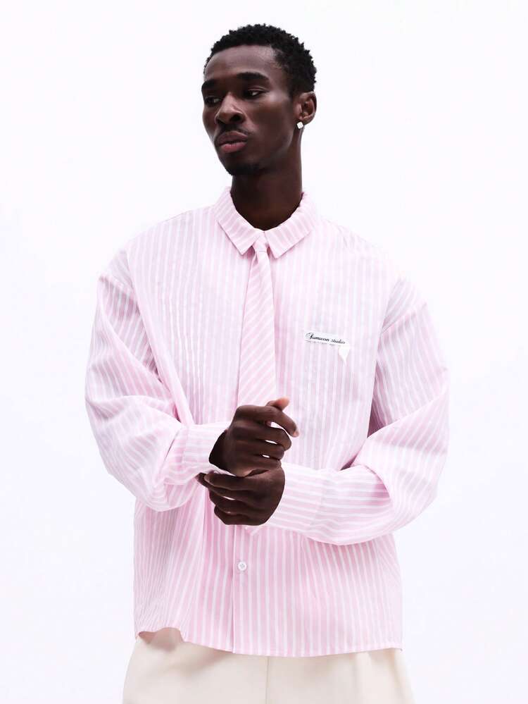 Striped Button Down Dress Shirt With Logo