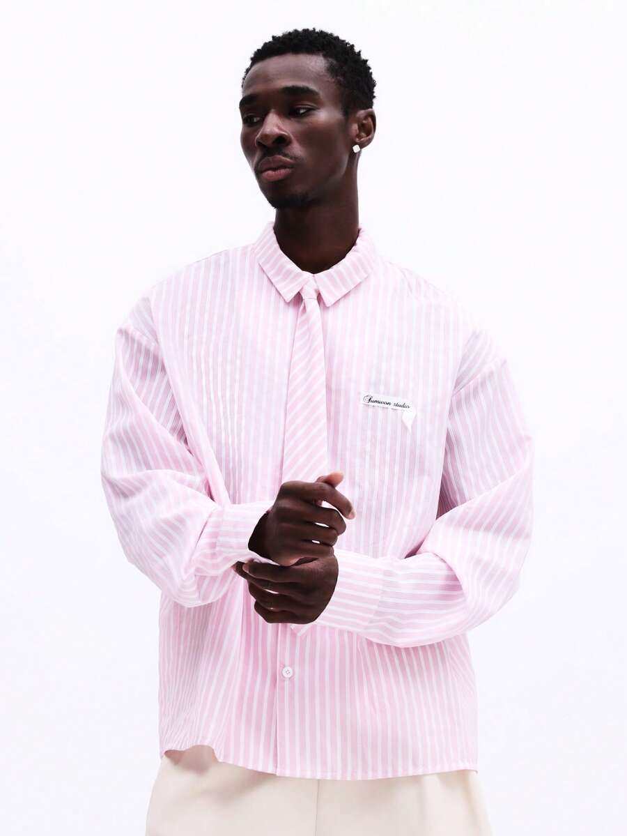 SUMWON 条纹长袖纽扣经典正装衬衫，带刺绣logo，商务正式办公专业工作服男装 - 淺粉色 - 查看 1
