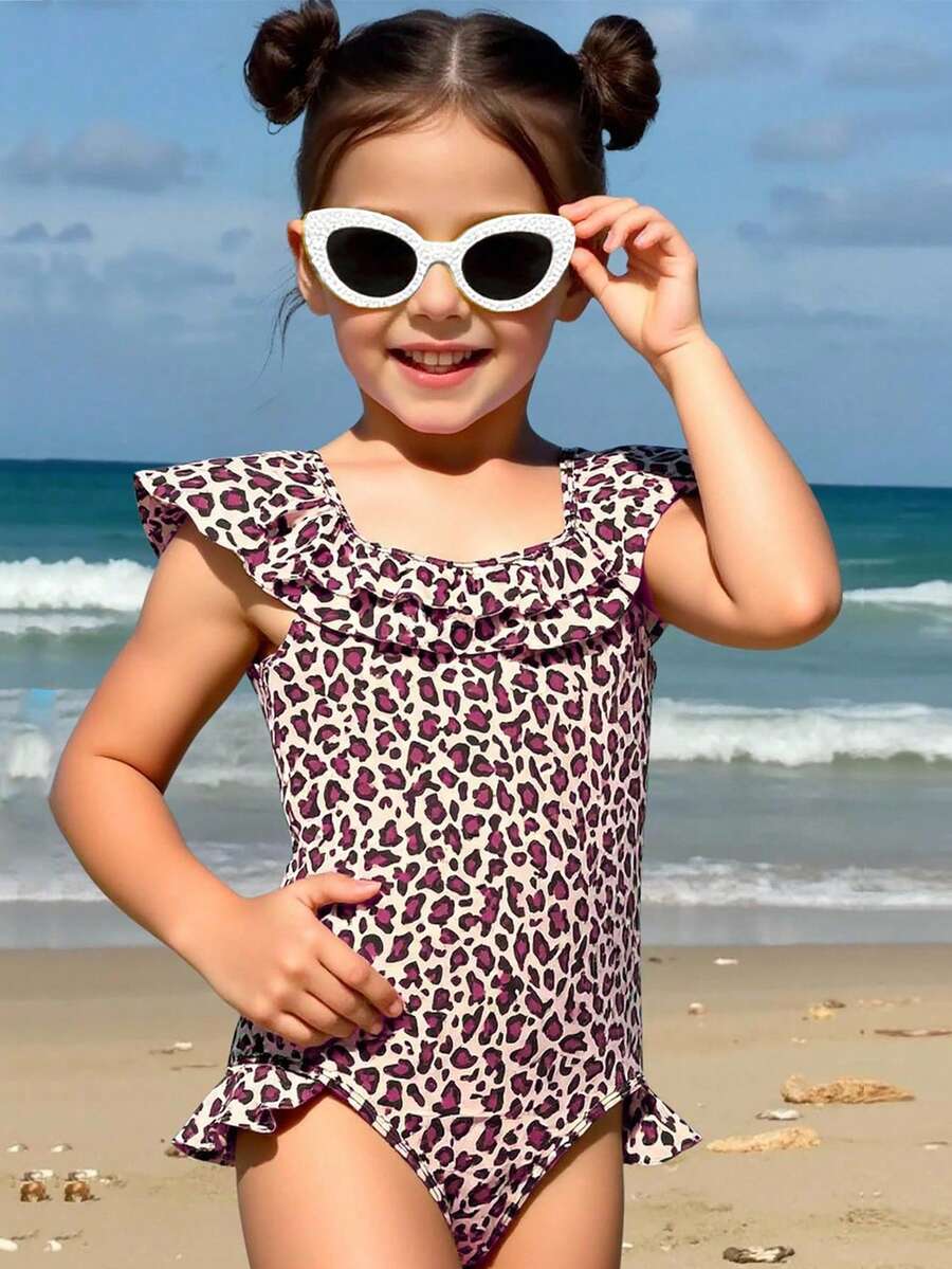 SHEIN New Fashionable Girls Leopard Print Full Coverage One-Piece Swimsuit - Baby Pink - View 1