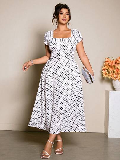 Elenzga Plus Size Women's Vintage French Style Polka Dot Waist Cinched Casual Elegant A-Line Long Dress