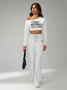 SHEIN Tall Quần nỉ nữ dáng rộng thoải mái, có dây rút, thêu họa tiết, thích hợp mặc mùa thu. - Xám - Xem 7