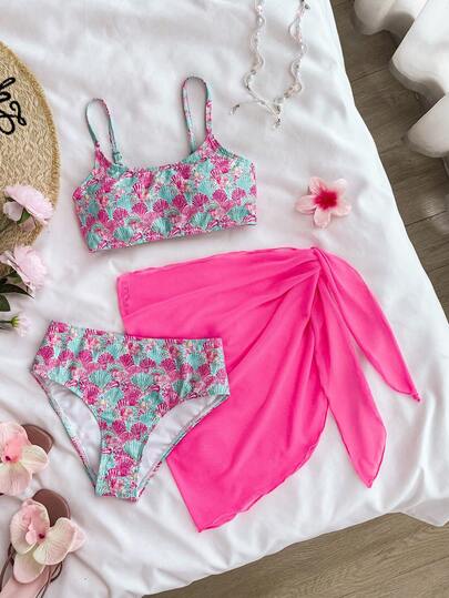 Tween Girl 3 Pieces Set: Coral Vacation Casual Beach Shell Print Skirt, Pink Swimsuit Tankini, Beach Holiday Style